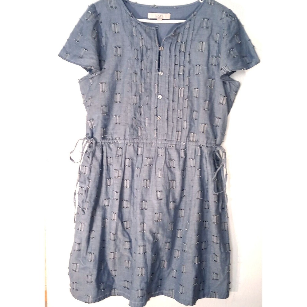 LOFT Sz L Dress Clip Pintucked Blue Cotton Chambray Cottagecore Sundress - Picture 5 of 7